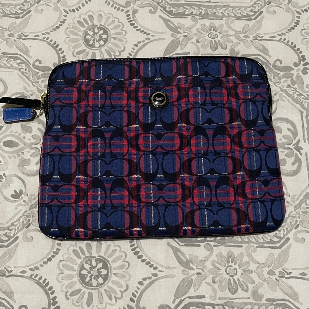 Coach Poppy Tartan Plaid Navy Blue Red Multi Stripe Zip Tablet Case